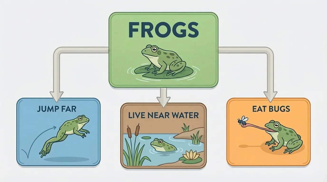 Main topic box labeled Frogs connected to three detail boxes labeled jump far, live near water, eat bugs