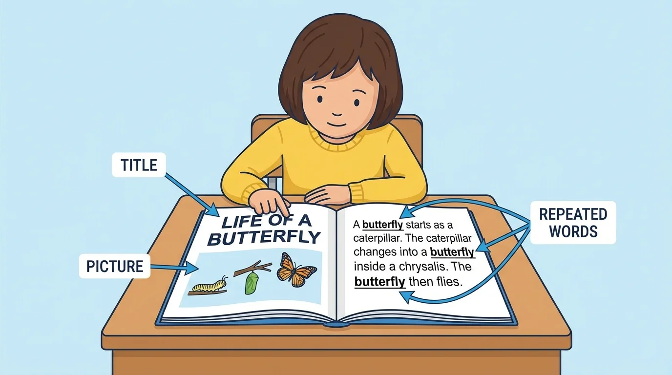 Child reading a simple nonfiction page with a bold title, one picture, and repeated word clues labeled title, picture, repeated words