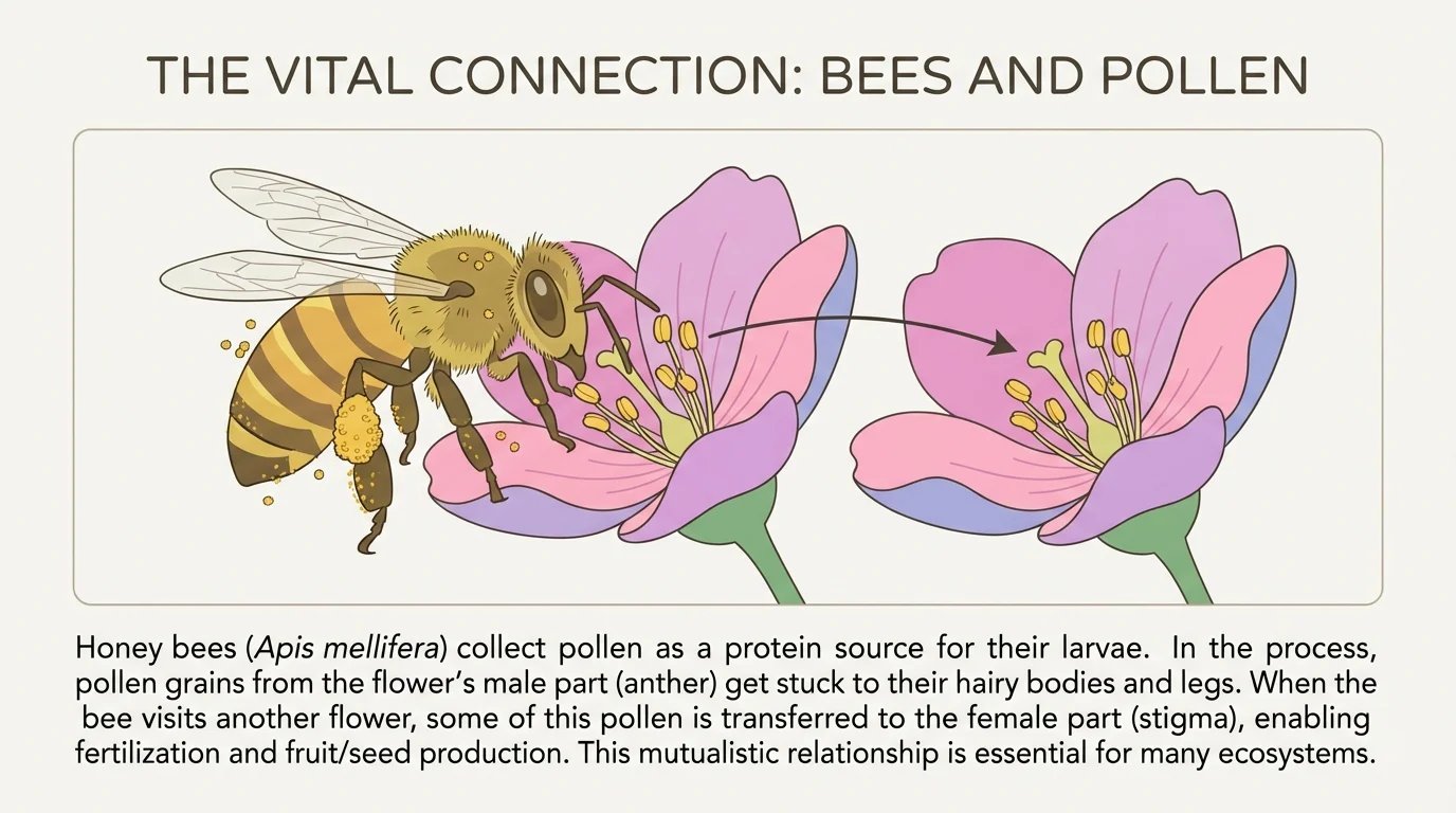 labeled nonfiction page showing heading about bees, picture of bee on flower, and caption explaining bees carry pollen