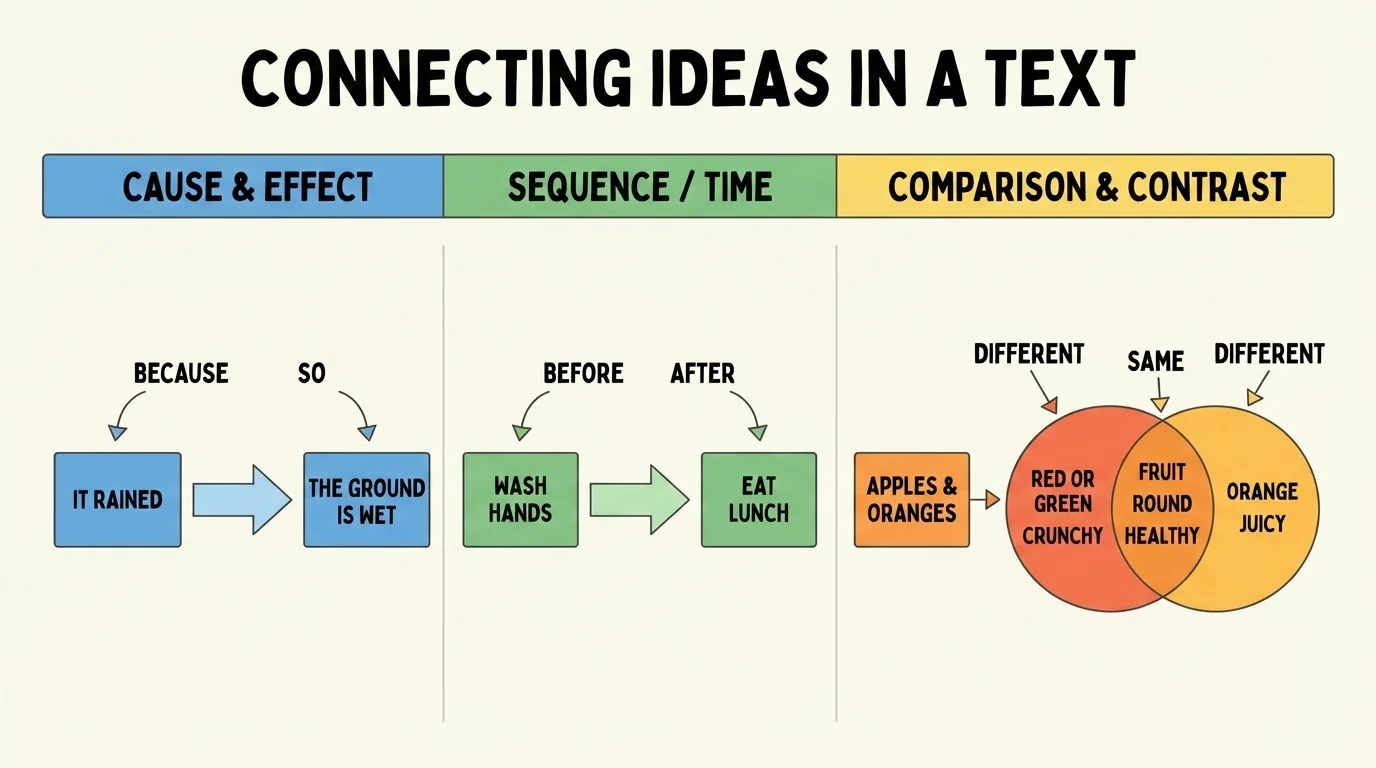 classroom anchor chart with arrows linking words like because, so, after, before, same, different to simple example pairs