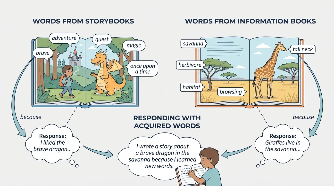 split illustration showing a storybook scene on one side and an animal information book on the other, with simple response words connected to each side
