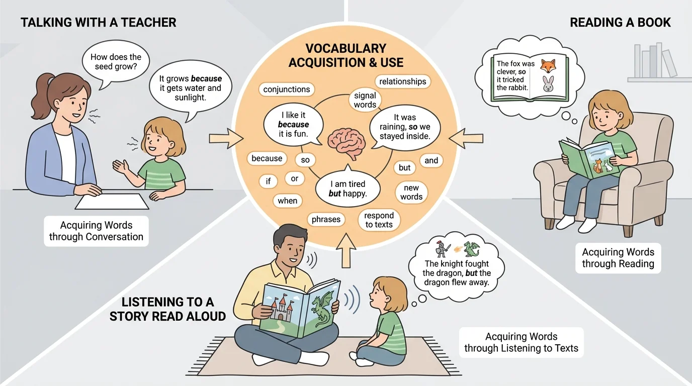 child learning words from talking with a teacher, reading a book, and listening to a story read aloud