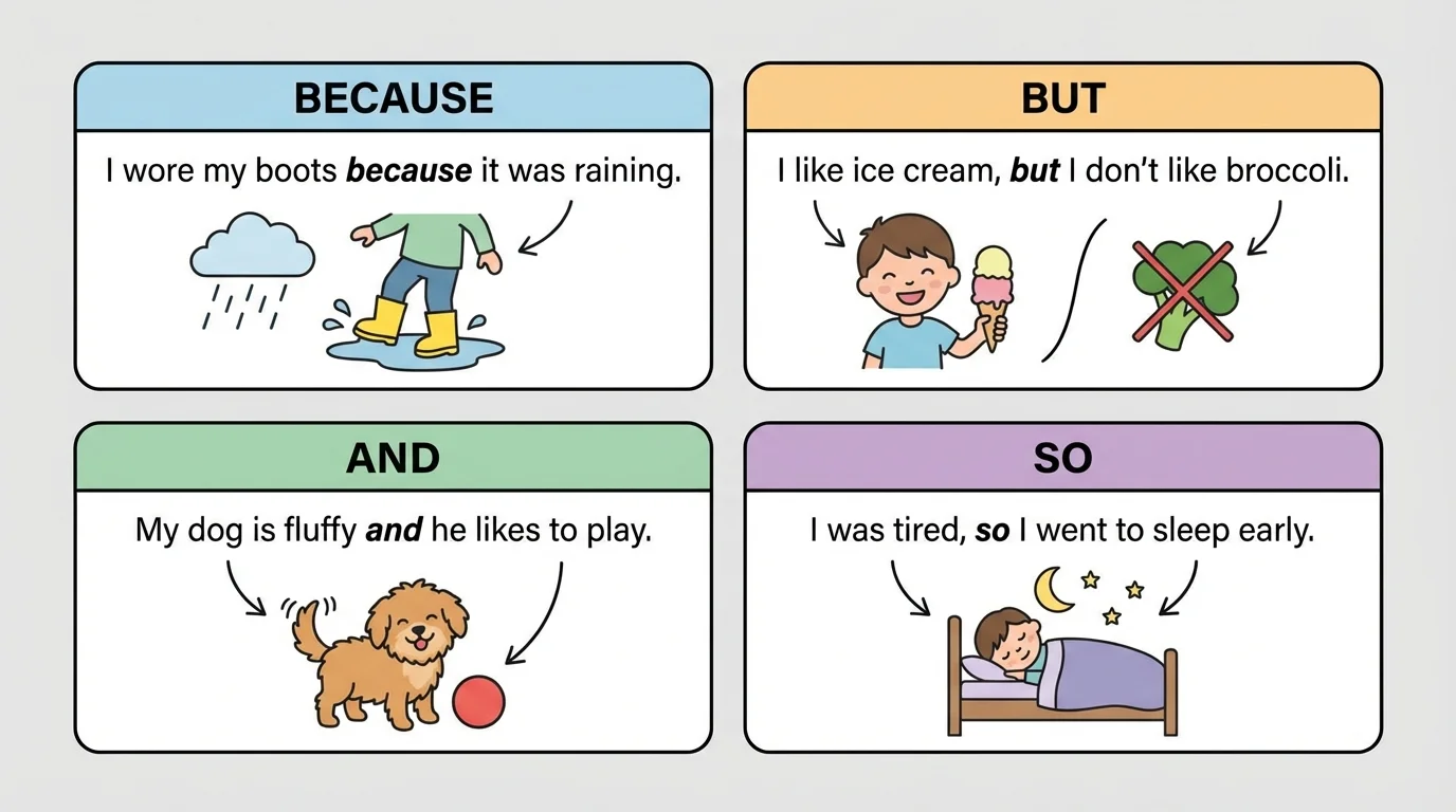 chart with child-friendly sentence examples using because, but, and, and so to connect ideas