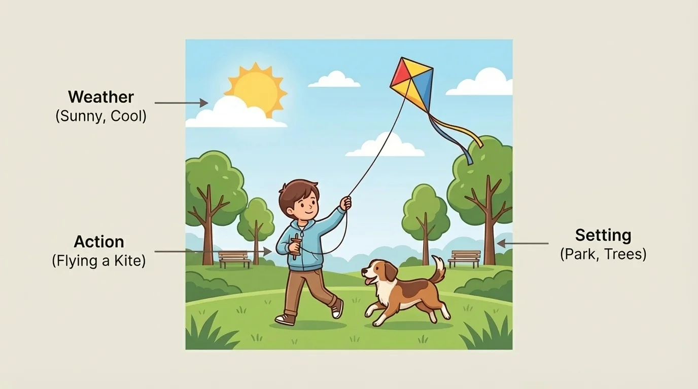 child at a park with sun, kite, dog, jacket, and trees to show details a picture reveals such as weather, action, and setting