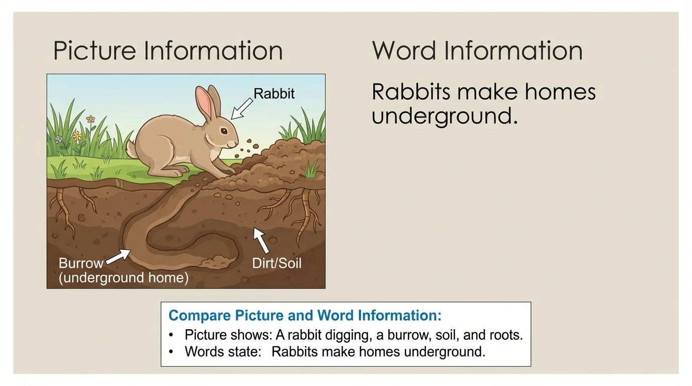 informational book page showing a rabbit digging in dirt with a short sentence saying rabbits make homes underground, so students can compare picture information and word information