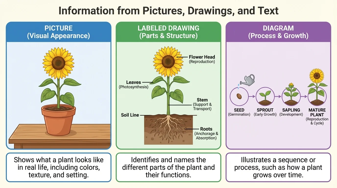 three-panel comparison of a plant shown as a real photo-style image, a labeled drawing with roots stem leaves flower, and a simple growth diagram from seed to sprout