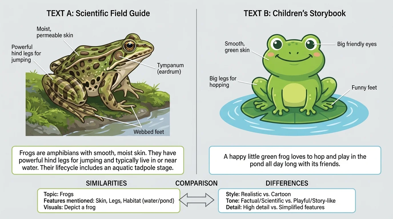 Side-by-side pages about frogs, one with a real-looking illustration and one with a cartoon-style illustration, each with different short descriptions