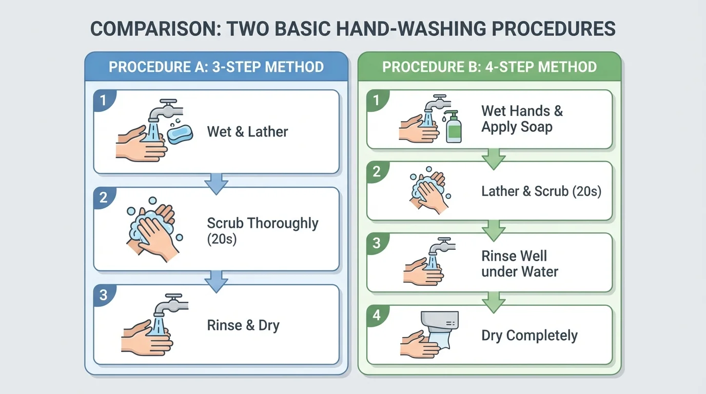 Comparison chart of two simple hand-washing procedures, one with three steps and one with four steps