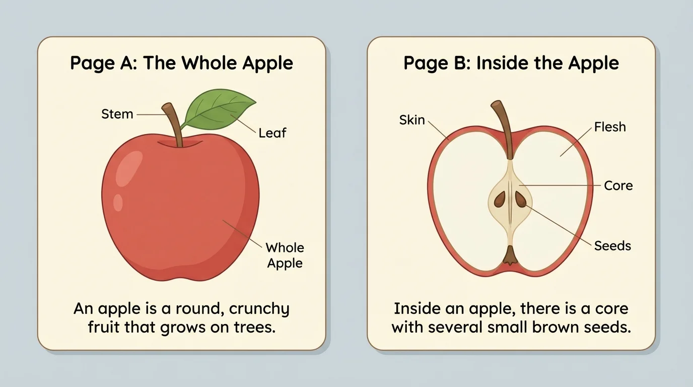 Two side-by-side children's informational pages about apples, both showing apples but with different illustrations and sentence details