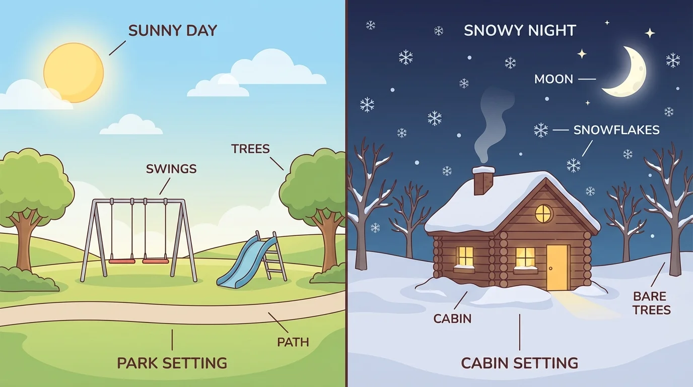 side-by-side settings, one a sunny park with swings and trees, one a snowy cabin at night with snowflakes and moon, each with simple clue labels