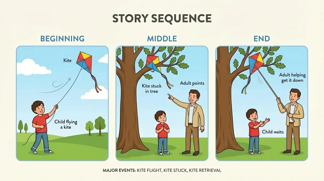 three-panel story sequence showing child flying a kite, kite stuck in tree, adult helping get it down, labeled beginning middle end