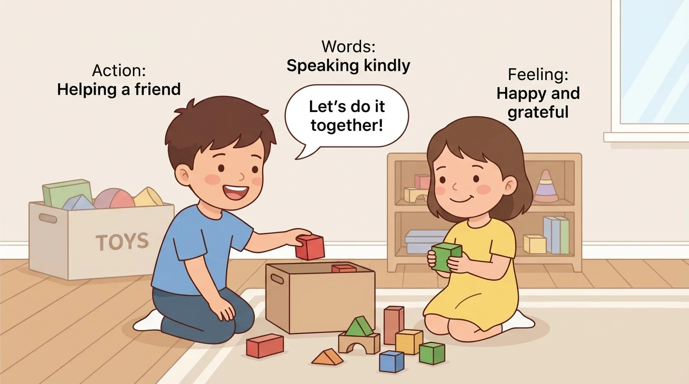 child character helping a friend pick up blocks, smiling and speaking kindly, with simple labels actions, words, feelings