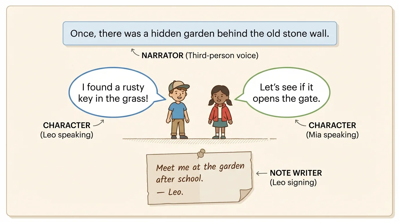 story page with one narration sentence at top, two children speaking in speech bubbles, and a short note signed by one child to show different speakers in one text