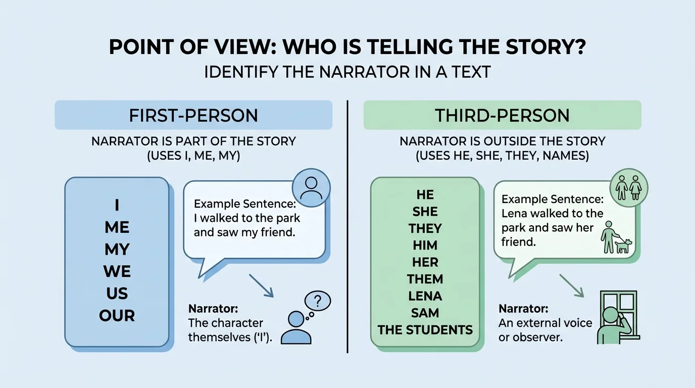two-column chart labeled first-person and third-person with simple sentence examples, first-person side showing I, me, my and third-person side showing he, she, they, Lena