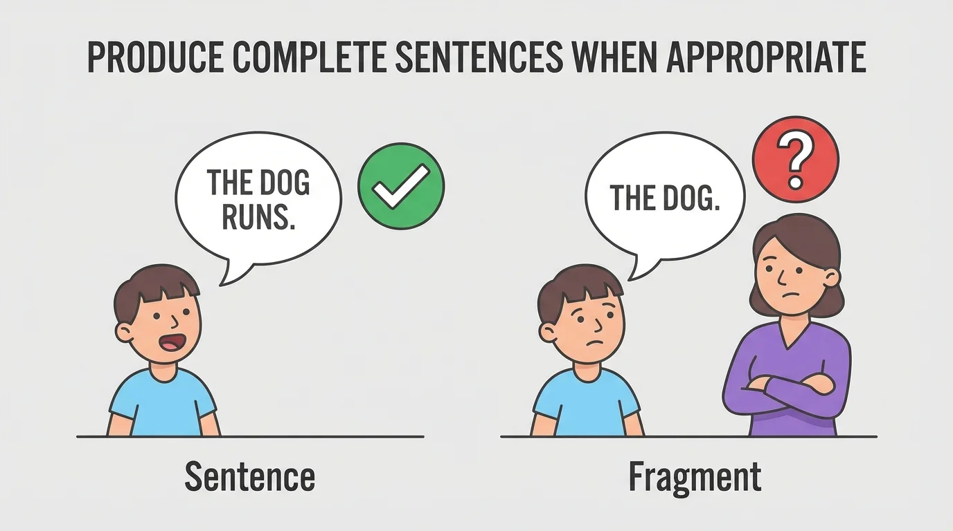 Child saying "The dog runs" with a check mark beside it, and child saying "The dog" with a puzzled listener and question mark