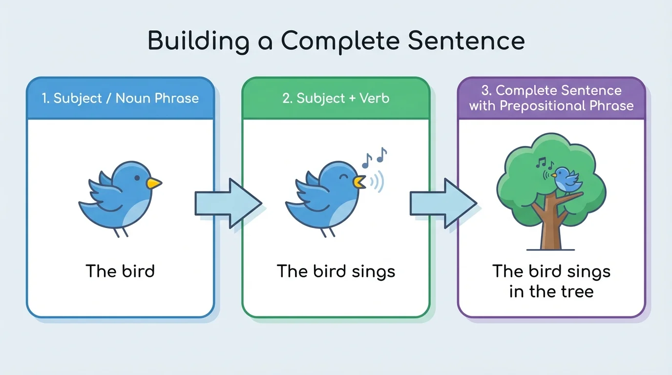 Three-box sentence-building flow showing "The bird" then "The bird sings" then "The bird sings in the tree"