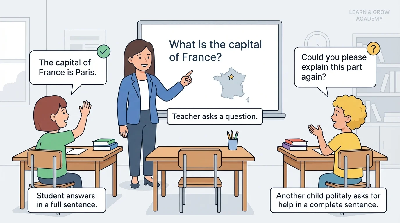 Classroom scene with teacher asking a question, one student answering in a full sentence, and another child politely asking for help in a complete sentence