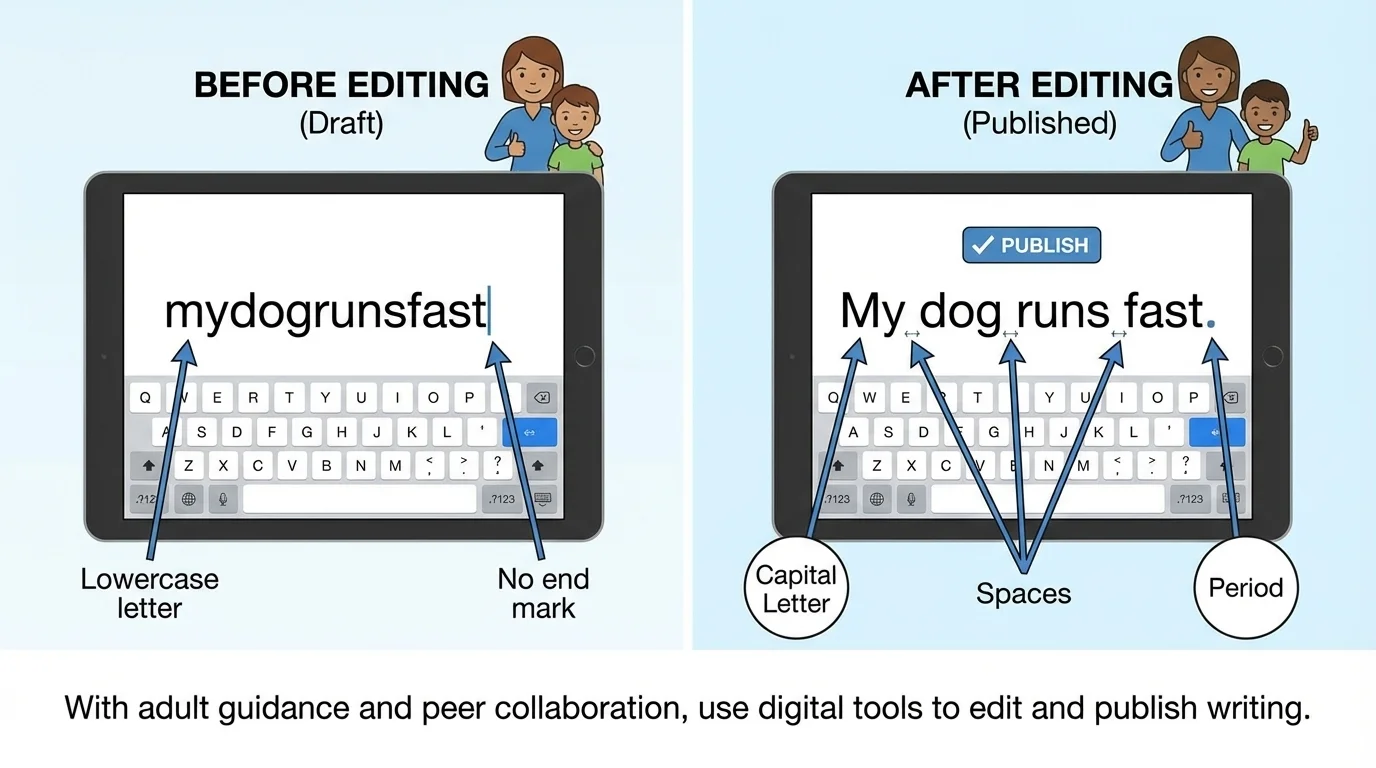 side-by-side simple sentence before and after editing with capital letter, spaces, and period marked clearly