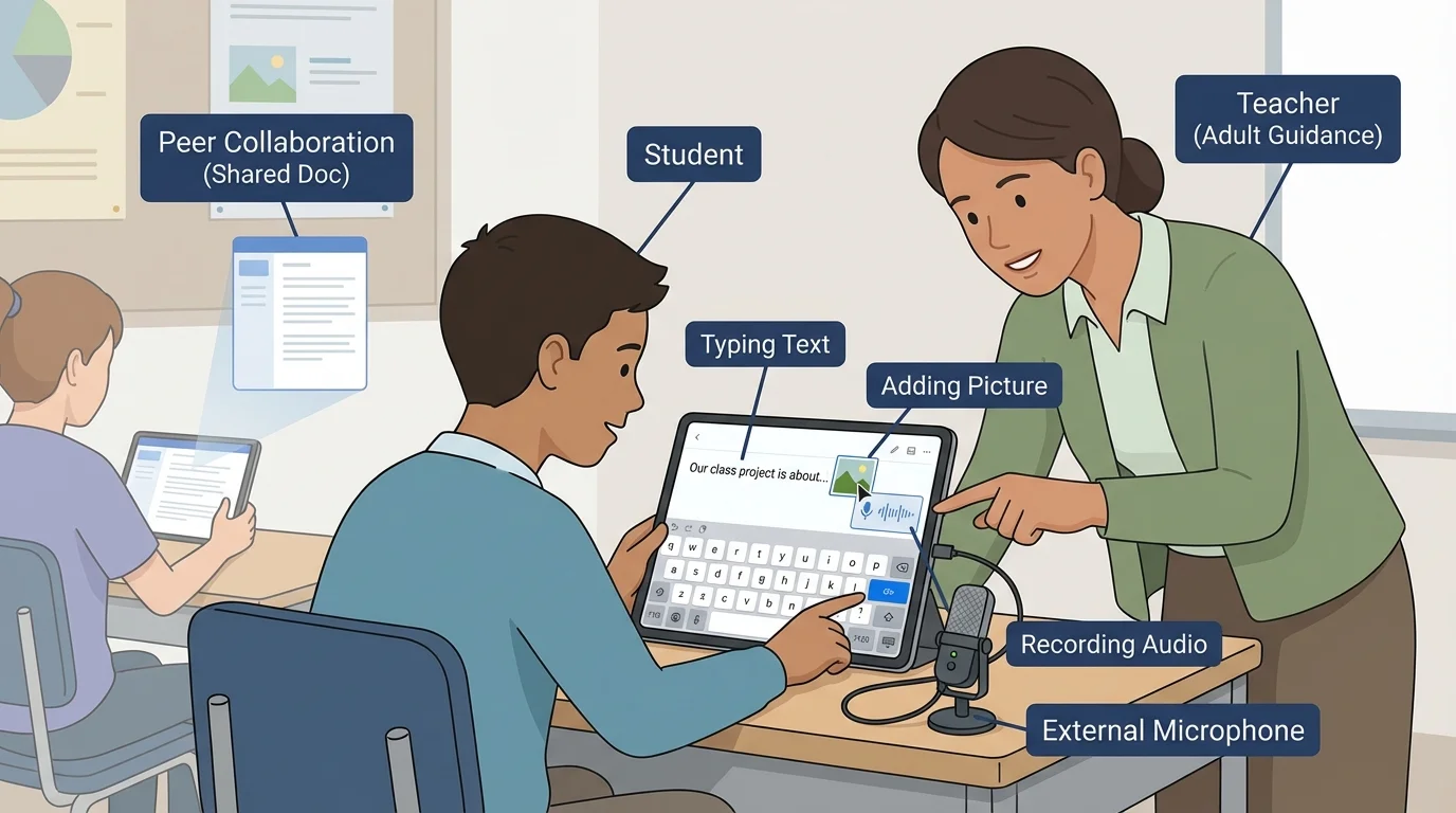 student using a tablet to type a sentence, add a picture, and use a microphone with teacher nearby
