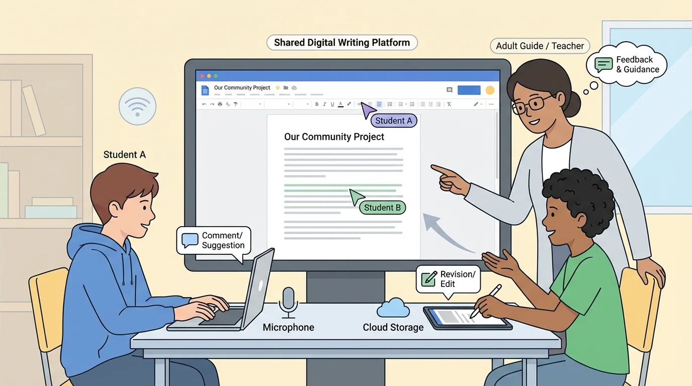 two students taking turns on one shared writing page while teacher guides from nearby