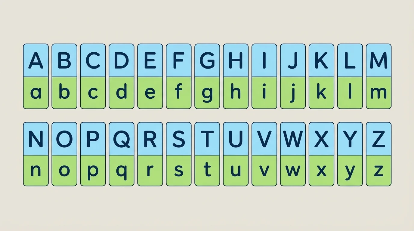 Alphabet chart with uppercase letters on top row and matching lowercase letters below each one