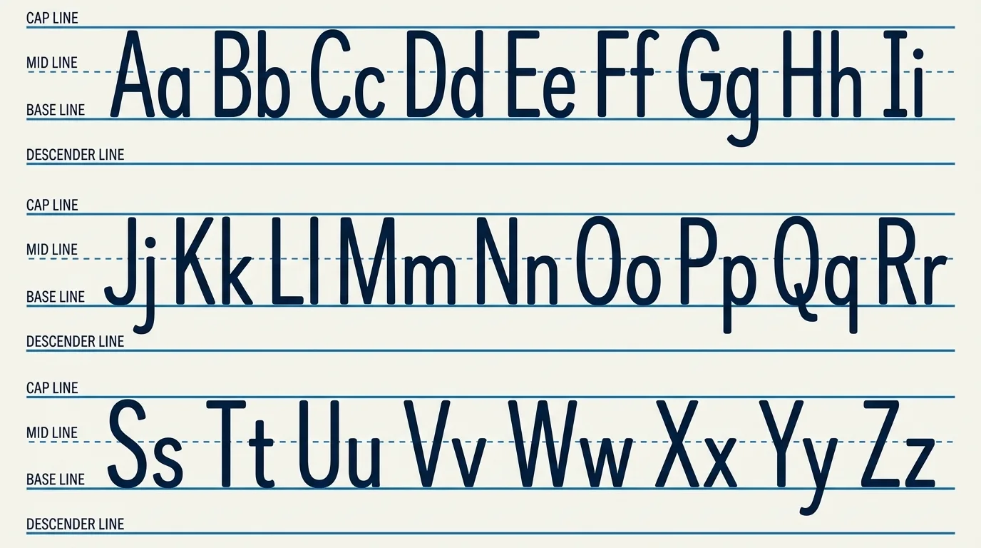 Handwriting lines showing tall uppercase letters, small lowercase letters, and letters with tails below the line such as g, j, p, q, y