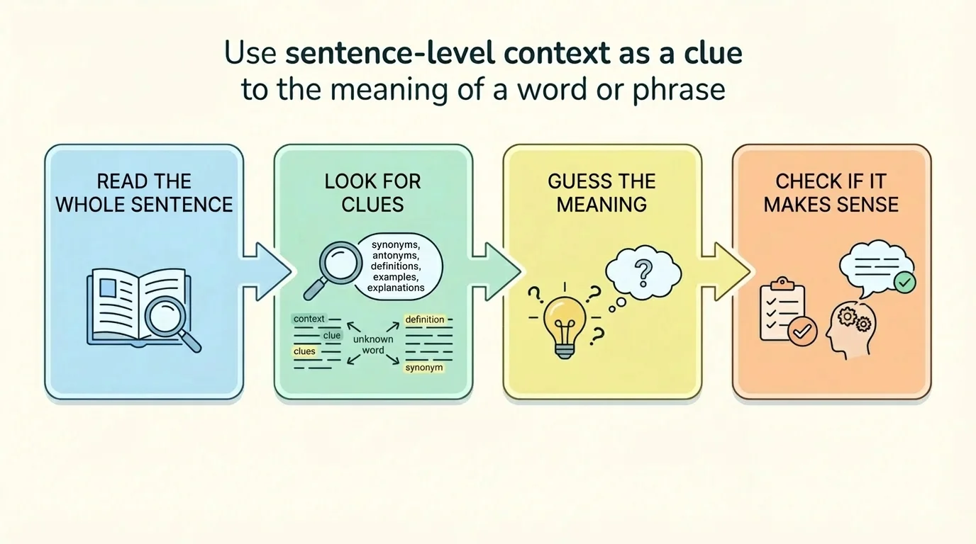 four-box flowchart labeled read the whole sentence, look for clues, guess the meaning, check if it makes sense