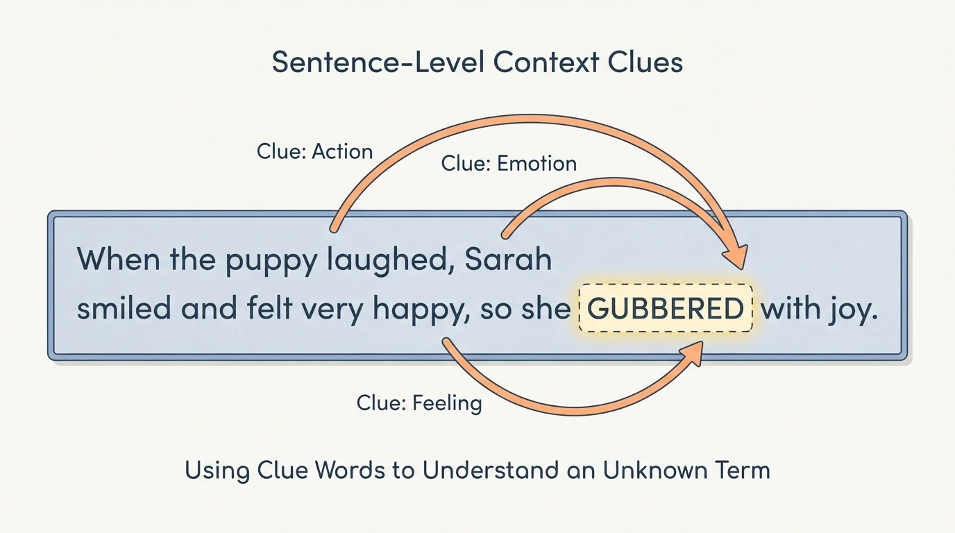 sentence strip with an unknown word in the middle and arrows from clue words like smiled, happy, and laughed pointing to it