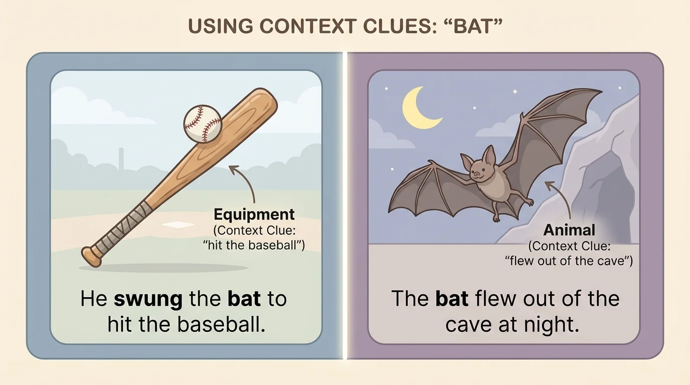 comparison illustration with a baseball bat on one side and a flying bat on the other, each paired with a simple sentence