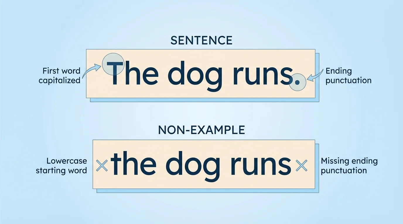 Sentence strip showing 'The dog runs.' with the first word capitalized and a contrasting lowercase non-example