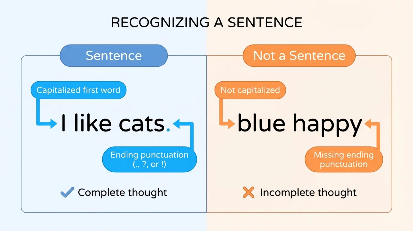 Simple two-column chart labeled 'Sentence' and 'Not a Sentence' with examples like 'I like cats.' and 'blue happy'