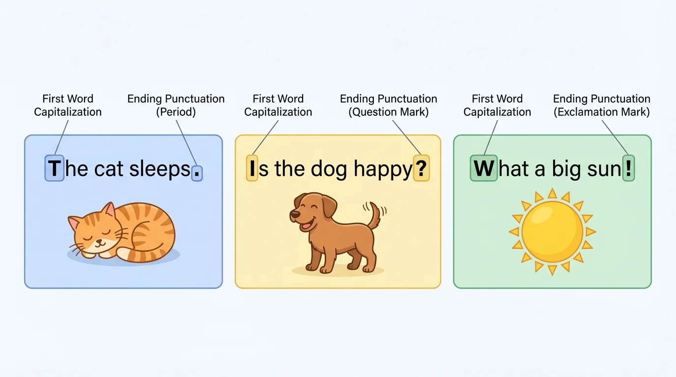 Three sentence cards ending with a period, question mark, and exclamation mark, each with a matching simple picture