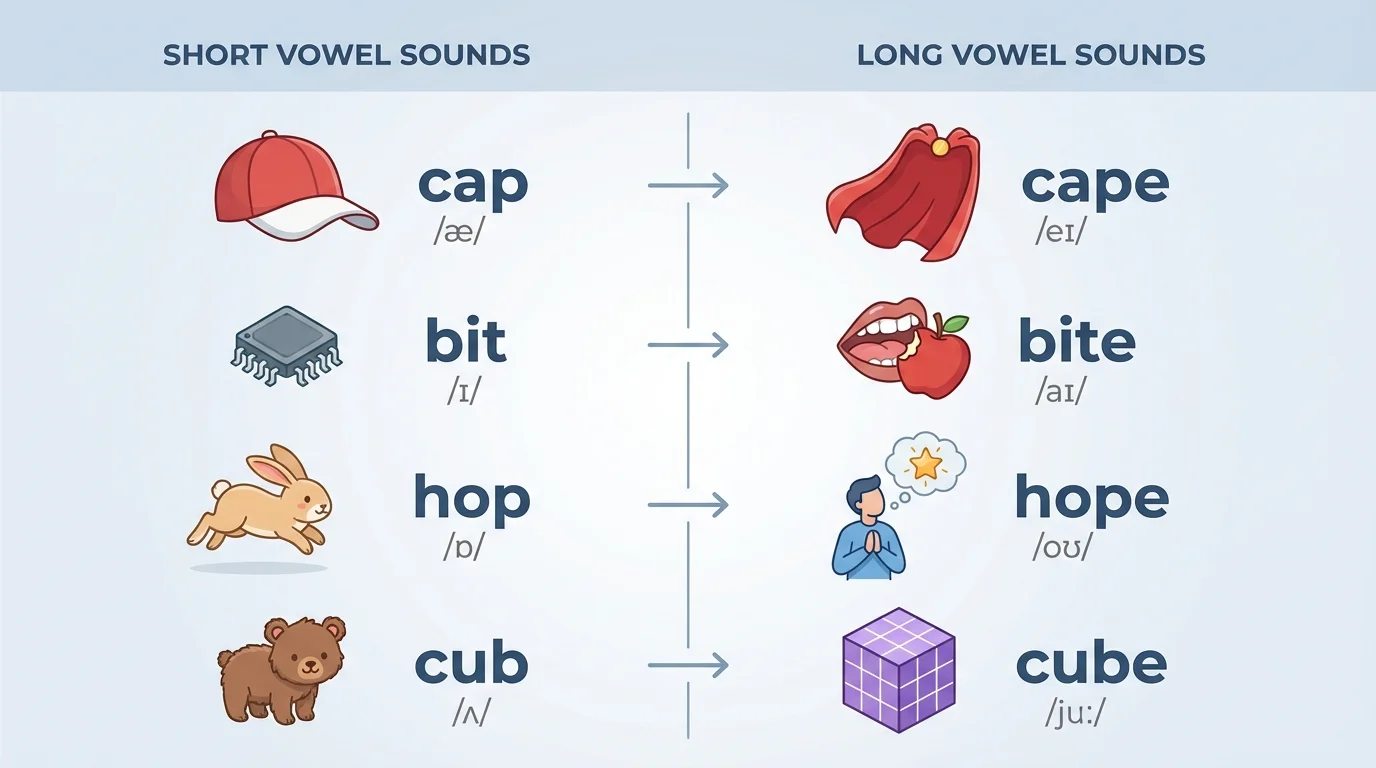 comparison of spoken word pairs cap and cape, bit and bite, hop and hope, cub and cube