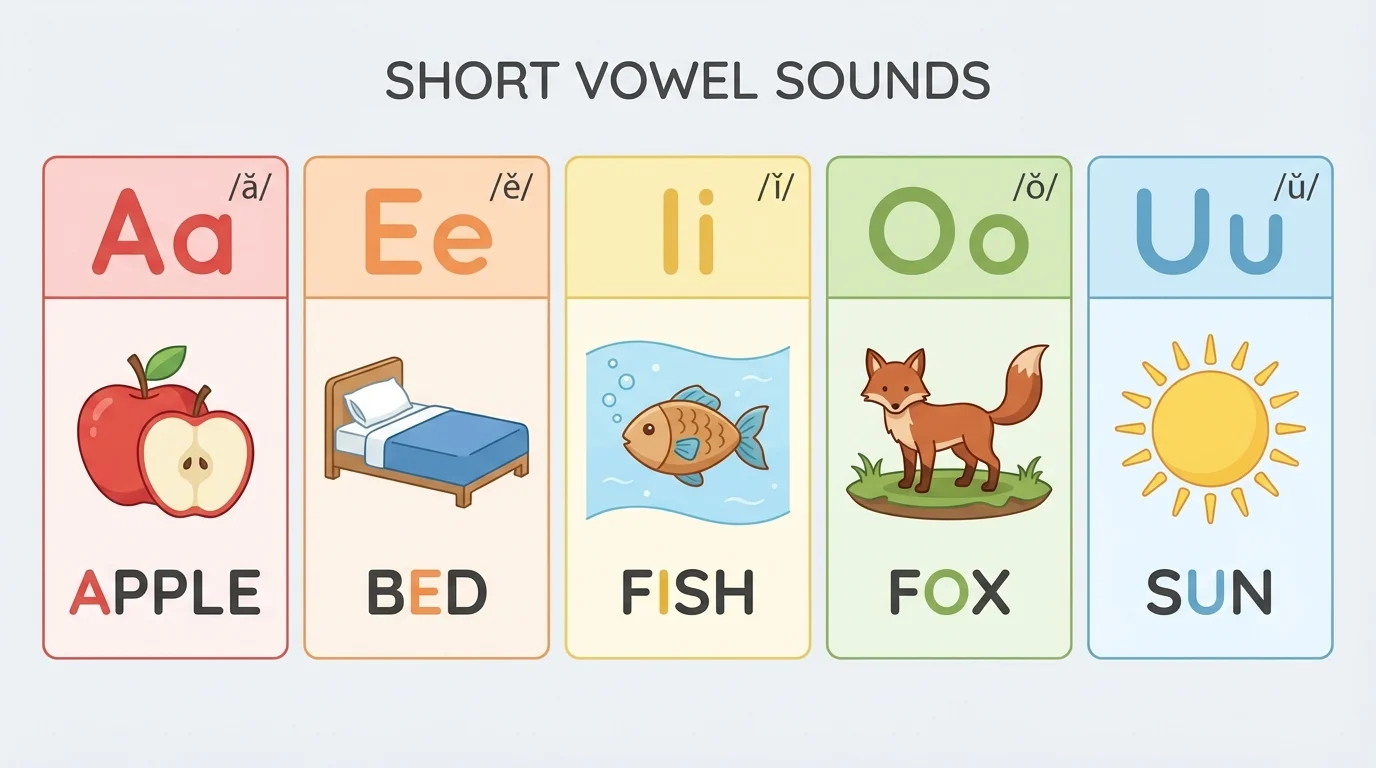 short vowel chart with pictures for apple, bed, fish, fox, and sun