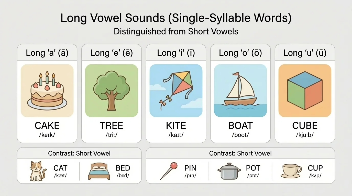 long vowel chart with pictures for cake, tree, kite, boat, and cube