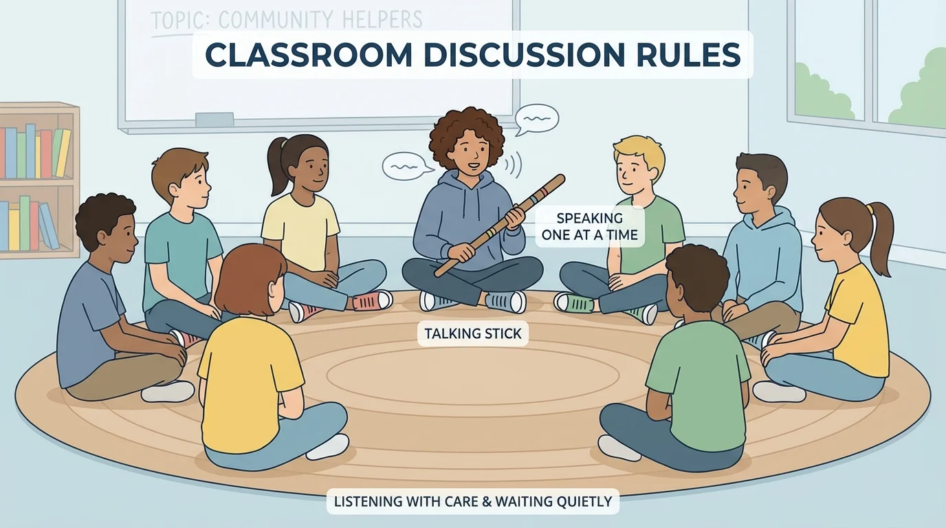Classroom circle with one child holding a talking stick while others face the speaker and wait quietly
