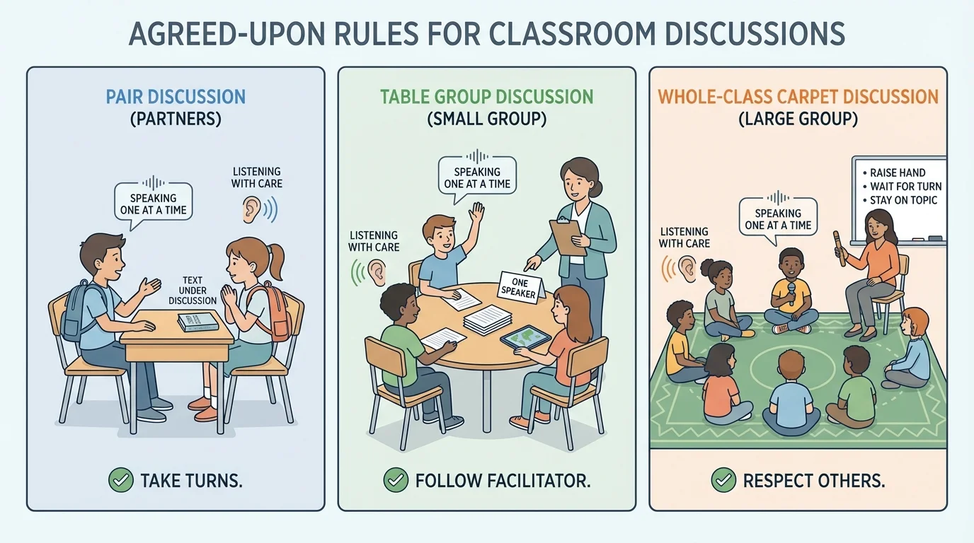 Three classroom scenes side by side: pair discussion, table group discussion, and whole-class carpet discussion