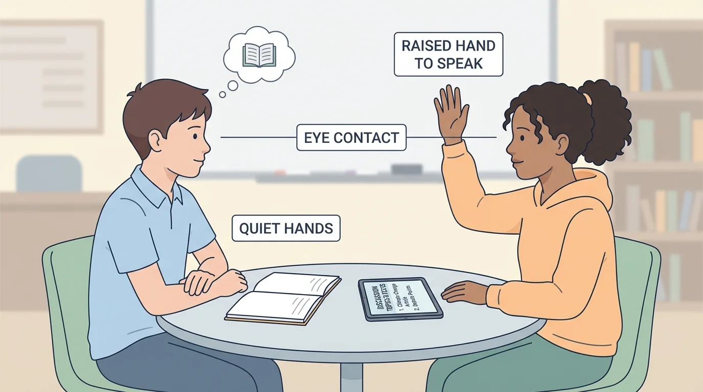 Two students in conversation showing eye contact, bodies turned toward speaker, quiet hands, and raised hand to speak