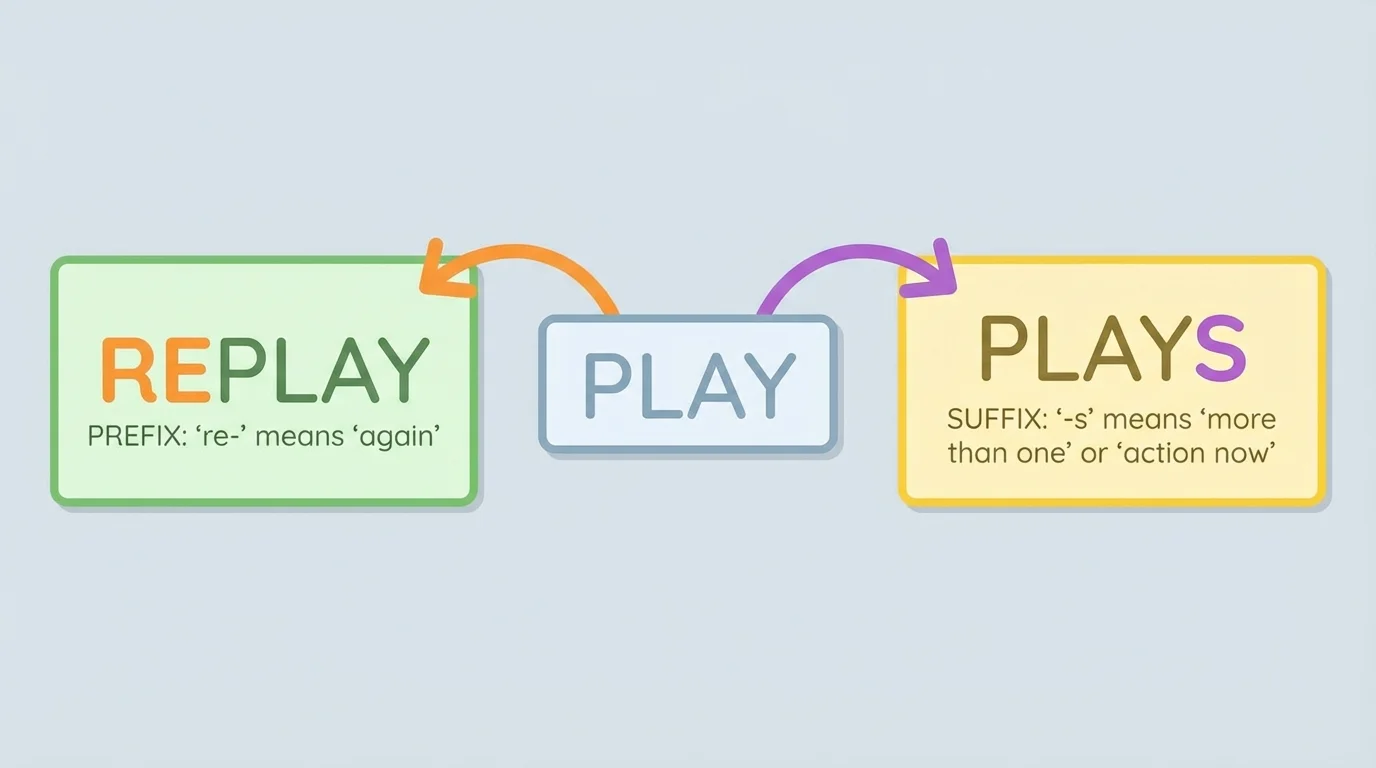 child-friendly word-part diagram showing base word play becoming replay with re- highlighted at the beginning and plays with -s highlighted at the end