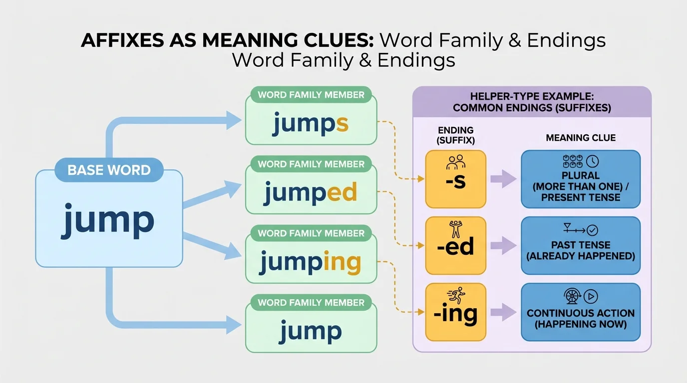 word family chart showing jump, jumps, jumped, jumping, and helper-type example with word endings highlighted