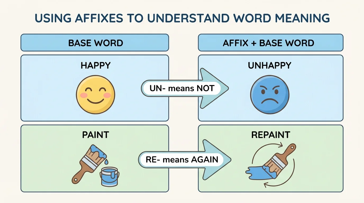simple comparison chart with happy to unhappy and paint to repaint, arrows showing un- means not and re- means again