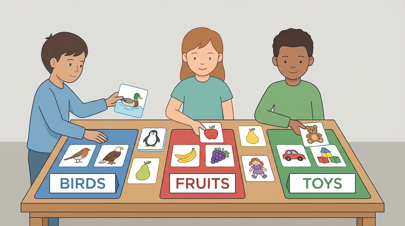 children sorting picture cards into groups labeled birds, fruits, and toys