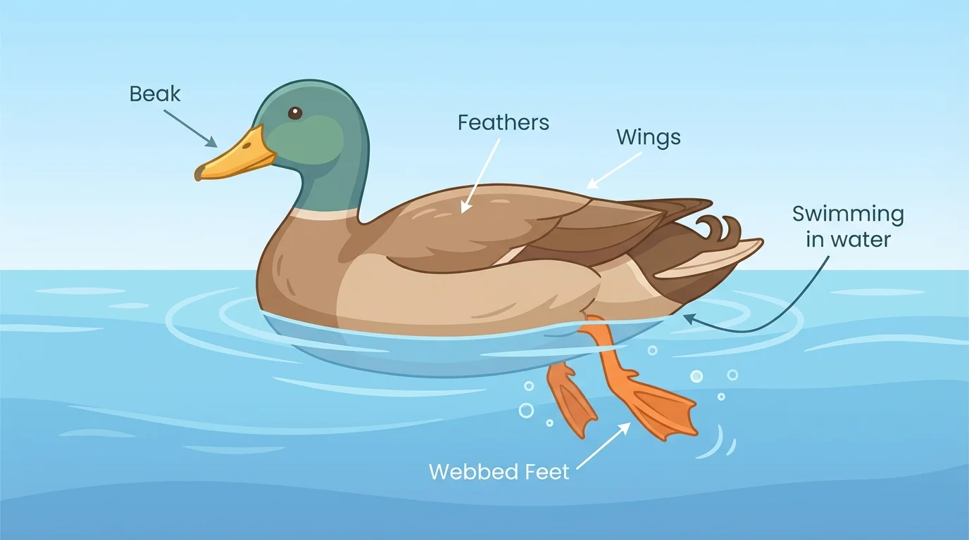 a duck with simple labels for beak, feathers, wings, webbed feet, and swimming in water