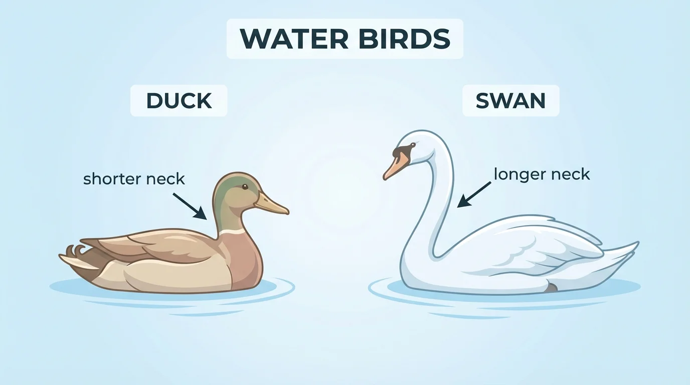 side-by-side duck and swan with simple labels showing shorter neck and longer neck, both in water bird category