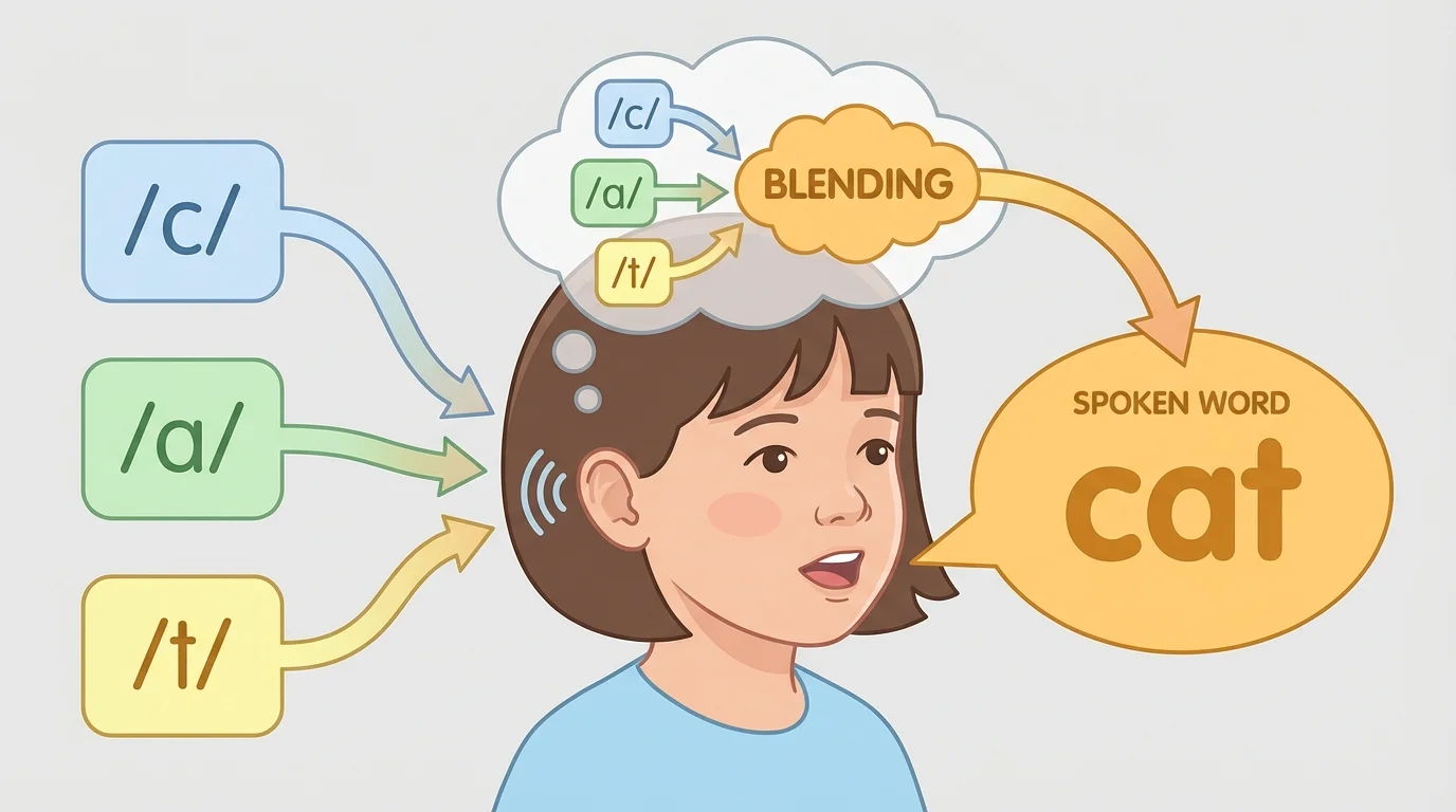child listening to three sound boxes labeled /c/ /a/ /t/ with arrows merging into the spoken word cat