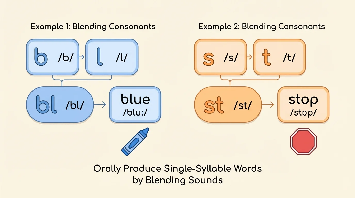 labeled beginning blend examples showing /b/ and /l/ in blue, /s/ and /t/ in stop, with both consonant sounds kept separate