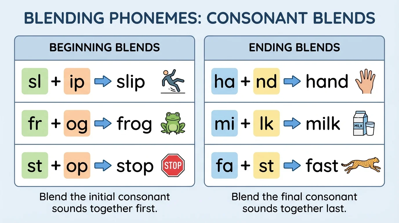 two-column comparison chart of single-syllable words with beginning blends like slip frog stop and ending blends like hand milk fast