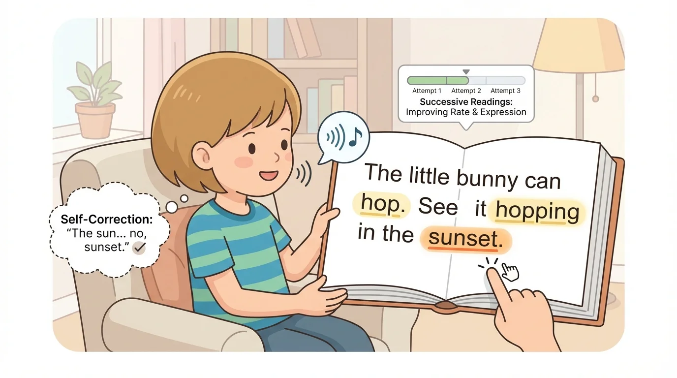 child reading a simple book with finger under words, highlighted word parts in hop, hopping, and sunset, plus a small self-correction bubble