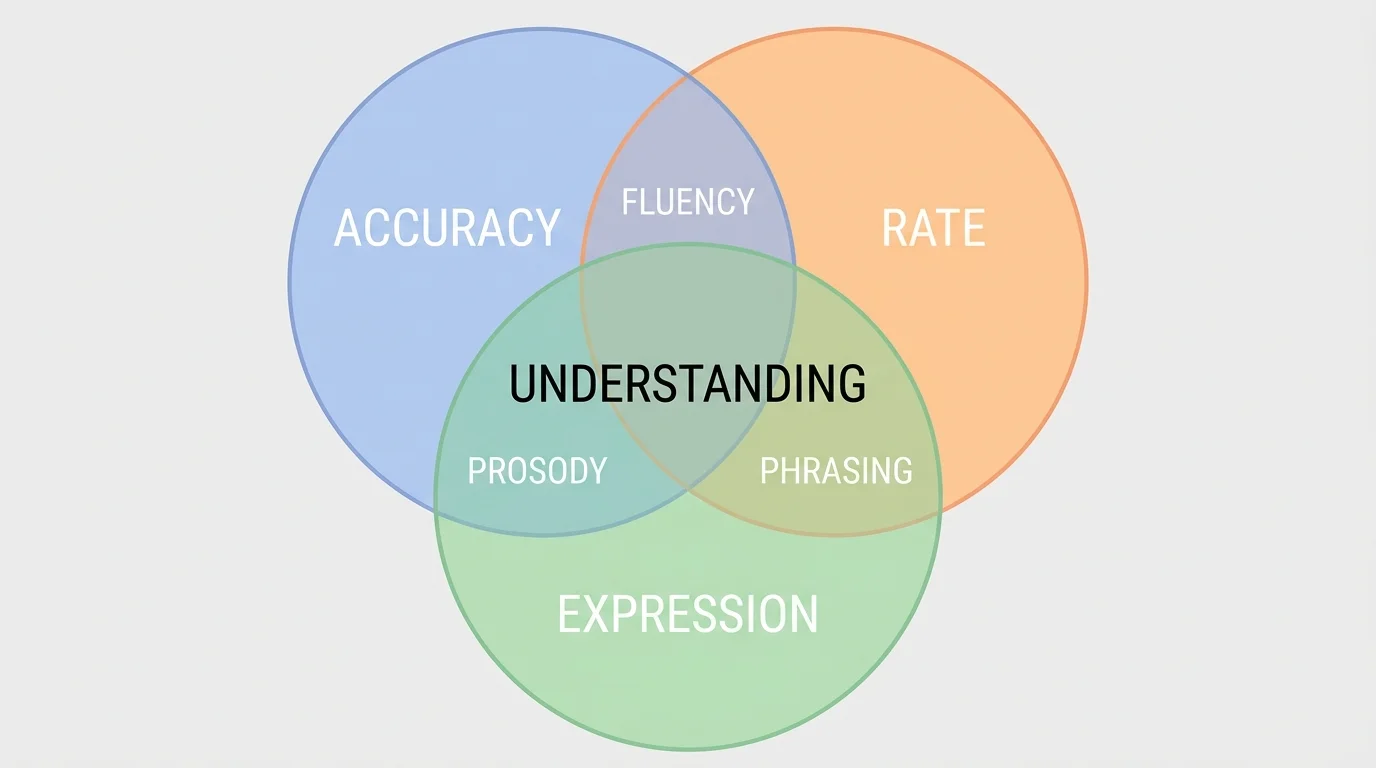 three overlapping labeled circles for accuracy, rate, and expression, with understanding in the center