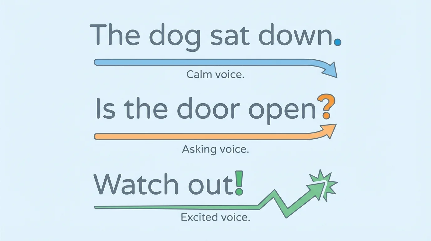 three short sentences with period, question mark, and exclamation point, each paired with simple arrows showing calm, asking, and excited voice patterns